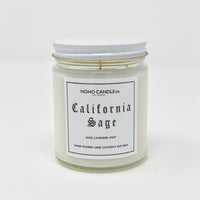 A 9oz jar containing 8 ounces of California Sage candle.  It has a white screw-on lid.